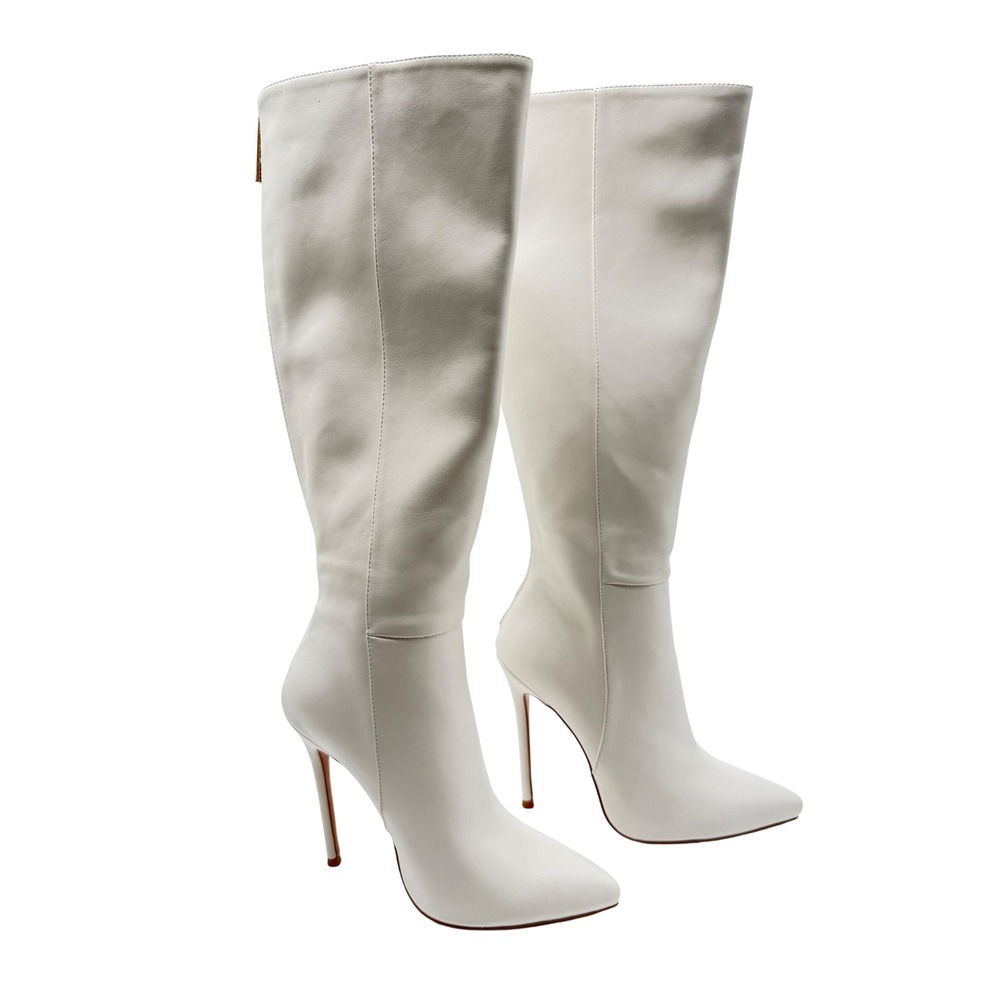 FEMME LA Boots Women 6 White Excellent Vegan Leather Stiletto Pointed Toe Zip